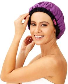 img 4 attached to 💆 Ultimate Haircare Therapy: Deep Conditioning Heat Cap with Disposable Shower Caps - Curly Girl Method - Soft Cotton, Stretchy Nylon - Microwave Safe (Purple/Black Striped, Medium)