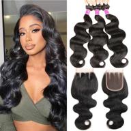 9a brazilian body wave bundles with closure, human hair 14 16 18 inch with 12 inch three part closure natural color, 100% human hair bundle deals logo