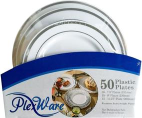 img 2 attached to 🍽️ Plexware Silver Rim Plastic Plates Set - 50 Pieces (20x7.5 Inch, 15x9 Inch, 15x10.27 Inch) in White