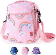 🌈 girls insulated lunch bag pink – cute lunch cooler thermal meal tote with shoulder strap, pocket & rainbow design – practical gift logo