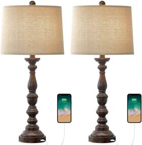 img 2 attached to 🌙 Set of 2 Antique Nightstand Lamps with USB Charging Port - BOBOMOMO 27.75'' Retro Resin Classic Bedside Desk Lamps for Bedroom Living Room Office, Brown, White Fabric Shade