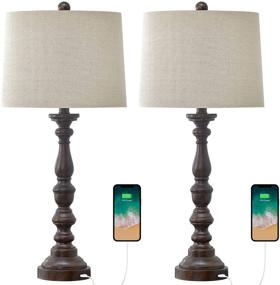 img 1 attached to 🌙 Set of 2 Antique Nightstand Lamps with USB Charging Port - BOBOMOMO 27.75'' Retro Resin Classic Bedside Desk Lamps for Bedroom Living Room Office, Brown, White Fabric Shade