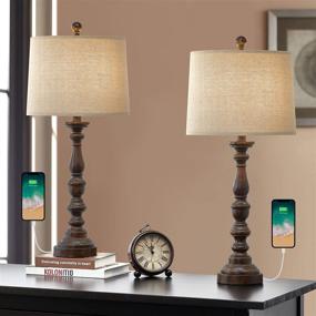 img 4 attached to 🌙 Set of 2 Antique Nightstand Lamps with USB Charging Port - BOBOMOMO 27.75'' Retro Resin Classic Bedside Desk Lamps for Bedroom Living Room Office, Brown, White Fabric Shade