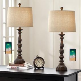 img 3 attached to 🌙 Set of 2 Antique Nightstand Lamps with USB Charging Port - BOBOMOMO 27.75'' Retro Resin Classic Bedside Desk Lamps for Bedroom Living Room Office, Brown, White Fabric Shade