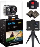 📷 eken h9r экшн-камера 4k с wi-fi, водонепроницаемая спортивная камера, видеокамера full hd (4k30, 2.7k30, 1080p60, 720p120), 20 мп фото, широкоугольный объектив 170 градусов, включает 11 крепежных элементов, 2 аккумулятора - черный логотип