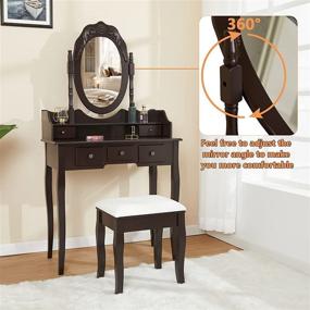 img 3 attached to 🪞 Titoni Vanity Table Set: Vintage Dressing Table with Mirror, Stool, and 5 Light Drawers – Ideal Makeup Vanity Set for Bedroom in Brown