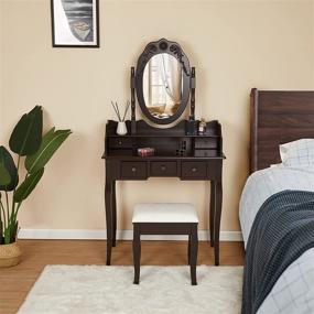 img 4 attached to 🪞 Titoni Vanity Table Set: Vintage Dressing Table with Mirror, Stool, and 5 Light Drawers – Ideal Makeup Vanity Set for Bedroom in Brown