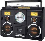 🎵 black sound station portable stereo boombox with bluetooth, cd, am-fm radio, and cassette recorder logo