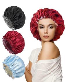 img 4 attached to 😴 Satin Sleep Bonnet Set: 3 Extra Large Reversible Satin Hair Bonnets, Adjustable Sleep Cap for Restful Night's Sleep