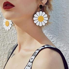 img 2 attached to 🌼 YOOE Big Acrylic Daisy Flower Dangle Earring. Exaggeration White Daisy Eardrop, Geometric Circle Semicircle Sun Flower Dangler Earring