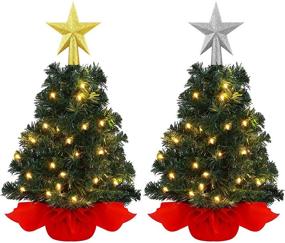 img 4 attached to 🎄 Set of 2 Mini Tabletop Christmas Trees - 18 Inches x 2 Feet, Red Artificial Trees with 50 LED Lights for Indoor Home Christmas Decor