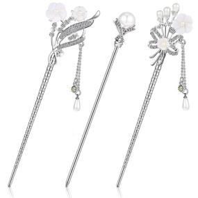 img 4 attached to Vintage Hairpin Set with Rhinestone Pearl Hair Stick, Chinese Hair Chopsticks, and Tassel Hair Pin - Traditional Style Hair Accessories for Women and Girls