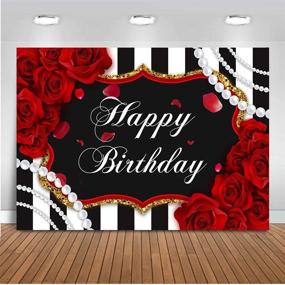 img 1 attached to 🌹 Avezano Happy Birthday Rose Flower Backdrop: Red and Black Stripe 7x5ft Party Decoration with Pearl Red Floral Dessert Table Banner