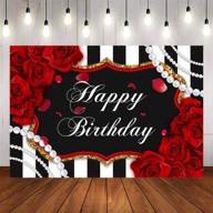 🌹 avezano happy birthday rose flower backdrop: red and black stripe 7x5ft party decoration with pearl red floral dessert table banner логотип