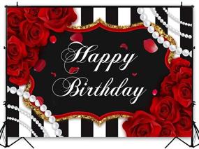 img 3 attached to 🌹 Avezano Happy Birthday Rose Flower Backdrop: Red and Black Stripe 7x5ft Party Decoration with Pearl Red Floral Dessert Table Banner