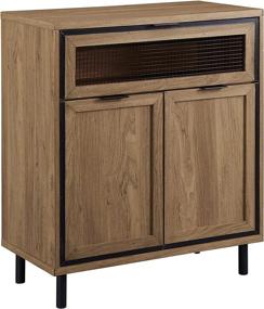 img 2 attached to 🏢 Walker Edison Mesh Metal Drop Down Door Wood Accent Cabinet: Stylish Bar Storage Entry Table for Living Room or Dining Room in English Oak, 30 Inch