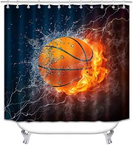 img 2 attached to 🔥 Flaming Basketball Shower Curtain Set for Boys - 4 Piece Sports Theme with Rugs, Mats, and Toilet Lid Cover - Polyester Fabric, Basketball on Fire Design (71 Inch x 71 Inch)