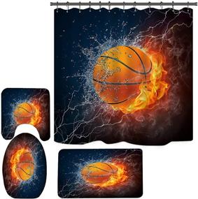 img 3 attached to 🔥 Flaming Basketball Shower Curtain Set for Boys - 4 Piece Sports Theme with Rugs, Mats, and Toilet Lid Cover - Polyester Fabric, Basketball on Fire Design (71 Inch x 71 Inch)