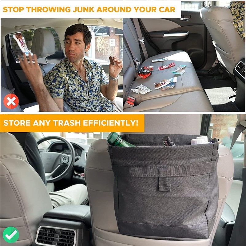 JUSTTOP 6L Waterproof Mini Car Trash Can with Lid and Storage Pockets,Car  Trash Bag Hanging Accessories, Multipurpose Car Garbage Bag Can (Grey)