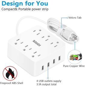 img 2 attached to Portable USB Power Strip with 4 USB Charging Ports and 6 AC Outlets - Circuit Breaker Safeguard, 4.6 ft Extension Cord, Ideal for Home, Office, and Travel - White