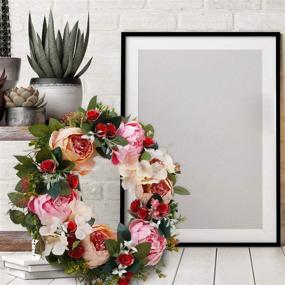 img 1 attached to 🌸 Handmade Pink Peony Artificial Wreath for Front Door - Farmhouse & Office Door Décor with Green Leaves - Floral Fake Flowers Door Wreath 15"-16