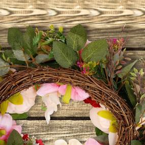 img 2 attached to 🌸 Handmade Pink Peony Artificial Wreath for Front Door - Farmhouse & Office Door Décor with Green Leaves - Floral Fake Flowers Door Wreath 15"-16