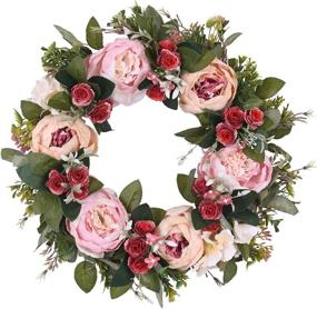 img 4 attached to 🌸 Handmade Pink Peony Artificial Wreath for Front Door - Farmhouse & Office Door Décor with Green Leaves - Floral Fake Flowers Door Wreath 15"-16