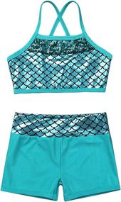 img 2 attached to Inlzdz Kids Girls Two Piece Sports Ballet Dance Outfits 👯 with Spaghetti Shoulder Straps and Fish Scales Printed Tops and Bottoms Set