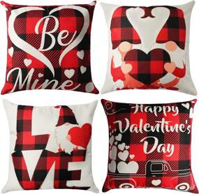 img 4 attached to 💌 Tifeson Valentine's Day Pillow Covers - Set of 4 Gnome Buffalo Plaid 18x18 inch Throw Pillow Cases - Linen Cushion Covers for Valentines Day Decor