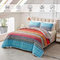 🛏️ flysheep 3-piece boho colorful queen quilt set: bohemian blue n red striped lightweight bedspread/coverlet, all season comfort - 92x90 inches logo