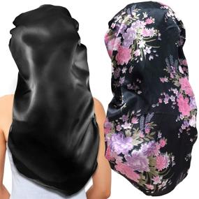 img 4 attached to 🎀 2Pcs Long Satin Bonnet Sleep Cap: Extra Large Braids Bonnets for Sleeping, Long Hair, Soft & Comfortable Elastic Band – Women's Night Sleep Hair Bonnets in Black+Pink Pattern