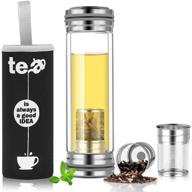 bine tea infuser bottle 14oz - glass tumbler strainer for loose leaf, herbal, green or ice tea. also perfect for cold brew coffee, fruit infusion, and hot or cold water. includes free travel sleeve for on-the-go convenience. logo