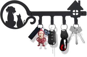 img 4 attached to 🔑 UptoBillions Wall Mounted Iron Key Holder for Wall, 11 inch with 4 Key Hooks Organizer for Car or House Keys, Key Rack with Screws and Anchors - Cat and Dog Design (Black)