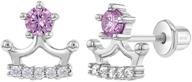 cubic zirconia kids princess crown screw back earrings, sterling silver safety locking earrings for little girls & toddlers, clear & pink cz logo