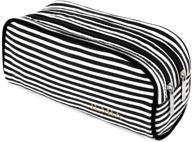 🖍️ jemia dual compartments collection - 2 zipper chambers, mesh pockets pencil case in black white stripes, canvas logo