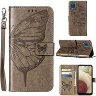 🦋 a12 phone case wallet for galaxy a12 - butterfly floral embossed pu leather flip cover (gray) with kickstand, wrist strap, and card holder slots - protective case for samsung a12 logo