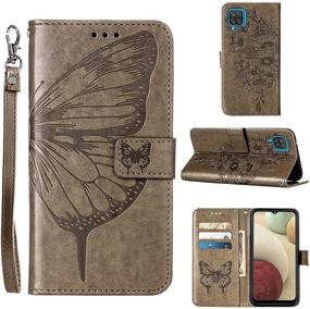 img 4 attached to 🦋 A12 Phone Case Wallet for Galaxy A12 - Butterfly Floral Embossed PU Leather Flip Cover (Gray) with Kickstand, Wrist Strap, and Card Holder Slots - Protective Case for Samsung A12