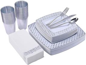 img 4 attached to 🍽️ FOCUSLINE 175 Piece Silver Dinnerware Set - 25 Guest with 50 Diamond Square Plastic Plates, 25 Silver Plastic Silverware, 25 Silver Plastic Cups, and 25 Linen Like Silver Paper Napkins - Premium Disposable Dinnerware Set
