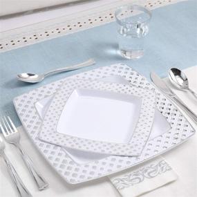 img 2 attached to 🍽️ FOCUSLINE 175 Piece Silver Dinnerware Set - 25 Guest with 50 Diamond Square Plastic Plates, 25 Silver Plastic Silverware, 25 Silver Plastic Cups, and 25 Linen Like Silver Paper Napkins - Premium Disposable Dinnerware Set
