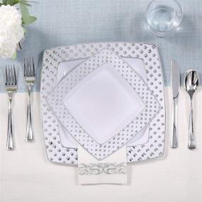 img 1 attached to 🍽️ FOCUSLINE 175 Piece Silver Dinnerware Set - 25 Guest with 50 Diamond Square Plastic Plates, 25 Silver Plastic Silverware, 25 Silver Plastic Cups, and 25 Linen Like Silver Paper Napkins - Premium Disposable Dinnerware Set