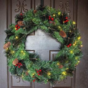 img 3 attached to 🎄 24 Inch Artificial Christmas Wreath with 15 Inch Hanger | Battery Operated Xmas Wreath Pre-lit with 50 LED Lights | Vibrant Red Berries, Pine Cones & Glitter Pine Needles | Festive Front Door Wall Christmas Decorations