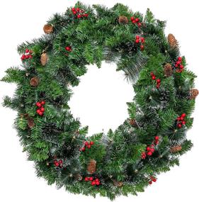 img 1 attached to 🎄 24 Inch Artificial Christmas Wreath with 15 Inch Hanger | Battery Operated Xmas Wreath Pre-lit with 50 LED Lights | Vibrant Red Berries, Pine Cones & Glitter Pine Needles | Festive Front Door Wall Christmas Decorations
