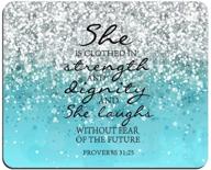 proverbs 31:25 bible verse mouse pad with blue glitter design - clothed in strength, dignity, and fearless laughter for an empowering future - non-slip rectangle rubber mousepad logo