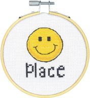 🧵 dimensions happy place mini cross stitch kit for beginners, 14 count white aida fabric, 4-inch diameter logo