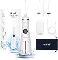 💦 nicefeel portable water flosser - cordless rechargeable dental cleaner irrigator, featuring gravity ball, lcd display, 300ml tank, 6 modes, 4 jet tips, ipx7 water proof - ideal for travel, home use, and braces logo