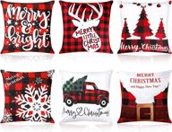 🎄 christmas pillow cover set: 6-piece merry christmas throw cushion covers in black and red buffalo plaid- 18x18 inch rustic linen pillow cases for festive decor логотип