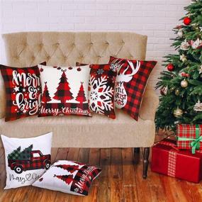 img 1 attached to 🎄 Christmas Pillow Cover Set: 6-Piece Merry Christmas Throw Cushion Covers in Black and Red Buffalo Plaid- 18x18 Inch Rustic Linen Pillow Cases for Festive Decor