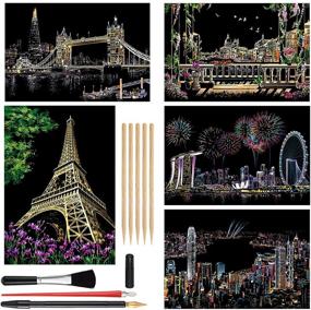 img 4 attached to Creative Rainbow Scratch Art Paper Kit: Night View Board for Kids & Adults - Venice, Tower Bridge, Singapore, Victoria Harbour, Eiffel Tower - 5 Pack with 9 Tools