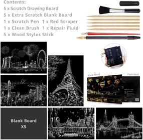 img 3 attached to Creative Rainbow Scratch Art Paper Kit: Night View Board for Kids & Adults - Venice, Tower Bridge, Singapore, Victoria Harbour, Eiffel Tower - 5 Pack with 9 Tools