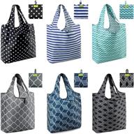 🛍️ beegreen shopping bags: 6 pack xlarge 50lbs reusable grocery tote bags - ripstop geometric fashion - waterproof nylon - machine washable - black gray blue navy teal - bulk recycling bags with pouch - christmas ready! логотип